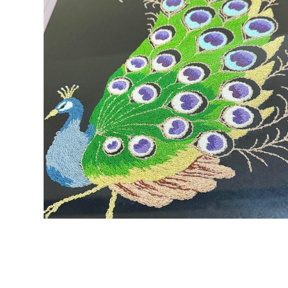Vintage Japanese Bunka Shishu Peacock Kazari Embroidery Framed 27x21 Art